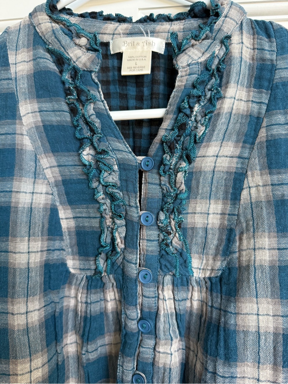 Blue Plaid Ruffle-Trim Button-Front Blouse - Picture 2 of 6